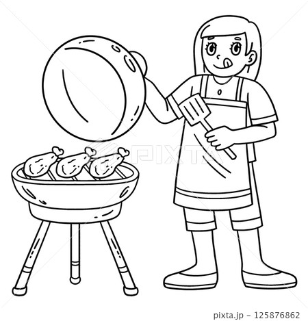 BBQ and Girl Grilling Chicken Isolated Coloring  125876862