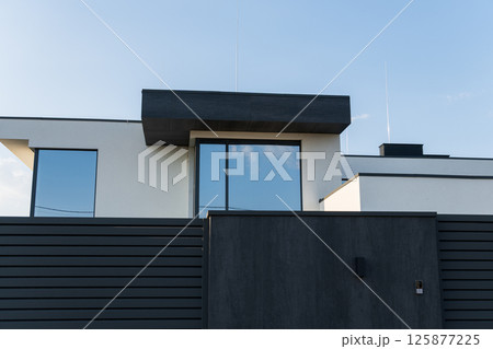 A contemporary house with a minimalist facade features large windows and a flat roof against a clear blue sky A contemporary house with a minimalist facade features large windows and a flat roof against a clear blue sky 125877225