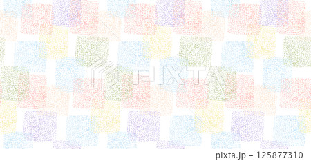 Abstract vector light colors textured hand drawn overlay dotted square shapes seamless pattern. Playful red, yellow, green, blue texture for kids textile design, wrapping paper, surface, background 125877310