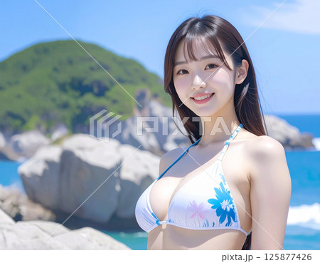 若い日本人女性と海　AI生成画像 125877426