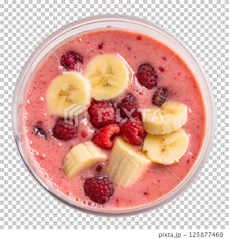 Healthy banana raspberry smoothie, creamy pink blend, view from the top, natural beverage Healthy banana raspberry smoothie, creamy pink blend, view from the top, natural beverage 125877468