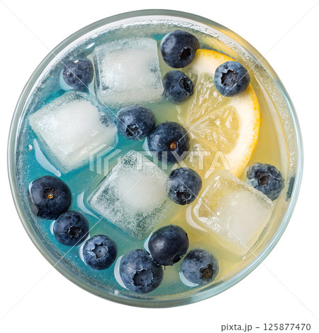 Refreshing blueberry and lemon lemonade with ice cubes, view from the top, natural beverage 125877470