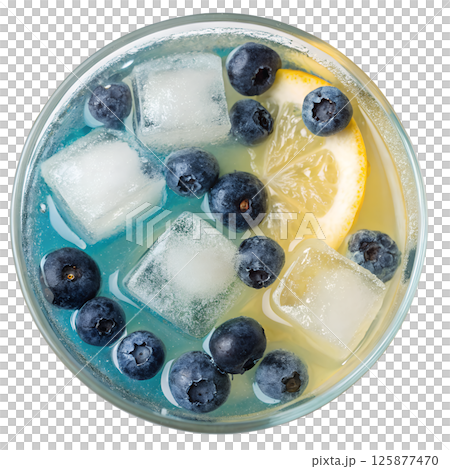 Refreshing blueberry and lemon lemonade with ice cubes, view from the top, natural beverage 125877470