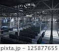 Server cabinets gear in low light data center storing training sets used in AI development and analytics. Rackmount infrastructure delivering scalable computing, 3D rendering 125877655