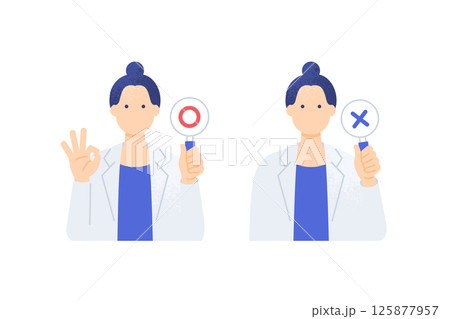 白衣の女性医師がマルとバツの札で判定する。女医のジャッジポーズベクターイラストセット。 125877957