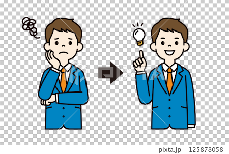 Vector illustration material of a young businessman with a thinking expression and a flash of inspiration_Line width can be edited_Color Vector illustration material of a young businessman with a thinking expression and a flash of inspiration_Line width can be edited_Color 125878058