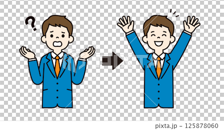 Vector illustration of a young businessman who solves his doubts and raises his arms in the air_Line width can be edited_Color Vector illustration of a young businessman who solves his doubts and raises his arms in the air_Line width can be edited_Color 125878060