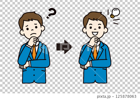 困った表情とひらめいた表情の、若いビジネスマンのベクターイラスト素材＿線幅の編集可能＿カラー 125878063