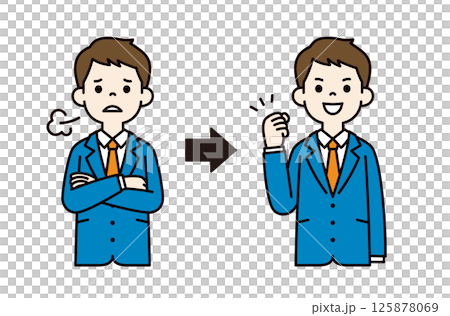 悩んでいる表情とやる気満々の、若いビジネスマンのベクターイラスト素材＿線幅の編集可能＿カラー 125878069