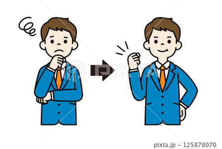 困っていたが問題が解決した、若いビジネスマンのベクターイラスト素材＿線幅の編集可能＿カラー 125878070