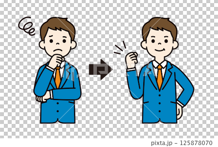 困っていたが問題が解決した、若いビジネスマンのベクターイラスト素材＿線幅の編集可能＿カラー 125878070