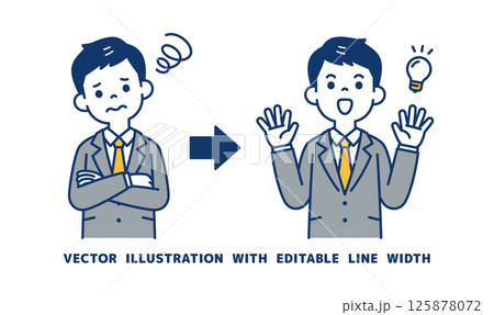 悩みを解消する方法を思いついた、若いビジネスマンのベクターイラスト素材＿線幅の編集可能 125878072