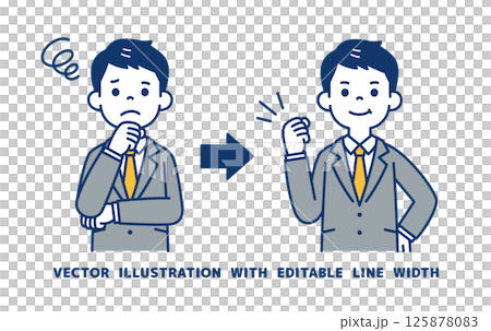 Vector illustration of a young businessman who was in trouble but solved the problem_Line width can be edited Vector illustration of a young businessman who was in trouble but solved the problem_Line width can be edited 125878083