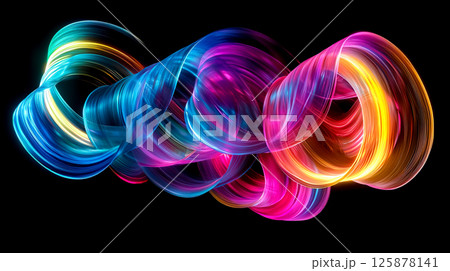 黒背景に透明感のあるカラフルなリボンテープのような模様 125878141