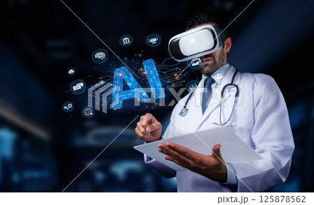 Doctor Using Virtual Reality Technology with AI Integration for Medical Innovation and Patient Care Enhancement in Modern Healthcare Environment. PHMT Doctor Using Virtual Reality Technology with AI Integration for Medical Innovation and Patient Care Enhancement in Modern Healthcare Environment. PHMT 125878562