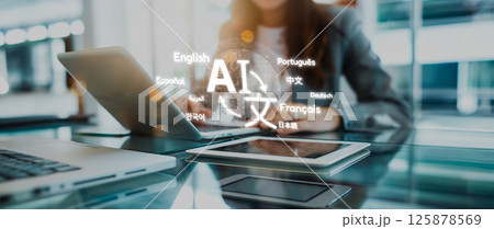 Creative Workspace with AI Language Translation Tools and Multilingual Words Displayed on a Digital Interface XDMCP 125878569