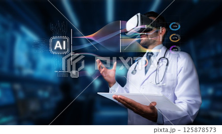 Medical Professional Using Virtual Reality Headset to Enhance Learning and Patient Care in a Futuristic Healthcare Environment. PHMT 125878573