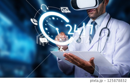 Medical Professional Using Virtual Reality Technology to Enhance Patient Care and Improve Healthcare Services Around the Clock for Innovative Solutions. PHMT 125878832