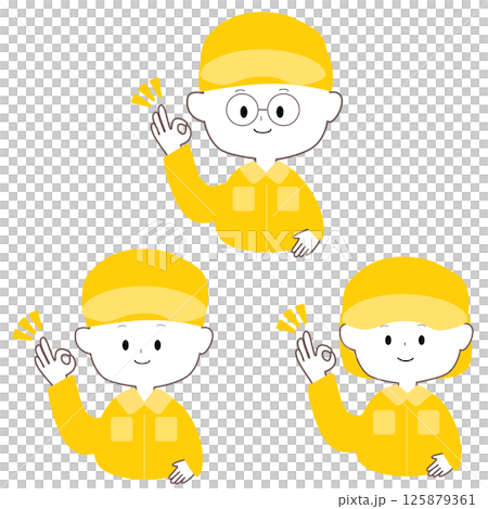 Cute men and women in work clothes giving OK signs Cute men and women in work clothes giving OK signs 125879361