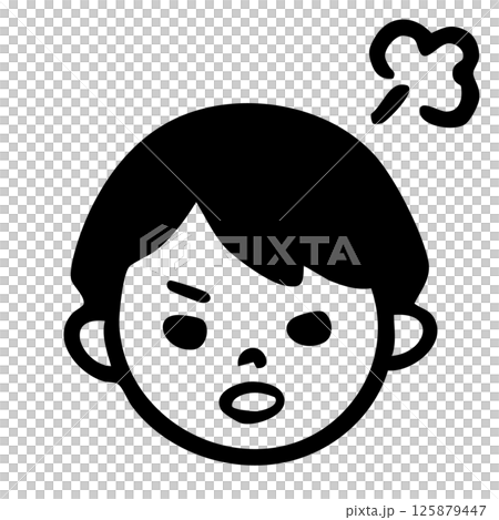 Angry boy, illustration of a child's angry face, male elementary school student, black and white 125879447
