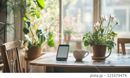 Bright home interior with wooden table, potted plants, coffee cup, and smartphone near a sunlit window AI generated 125879474