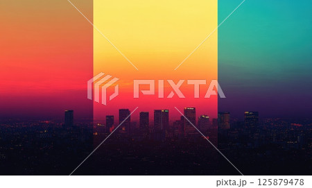 City skyline silhouette at dusk with a gradient sky divided into panels of orange, red, yellow, and teal. Urban landscape at twilight AI generated 125879478