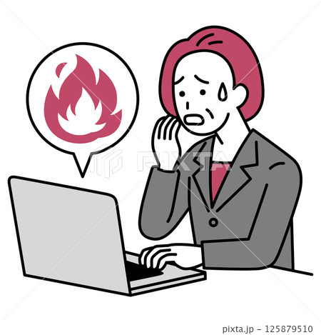 SNSが炎上して困惑している中年のスーツの女性（ノートパソコン） 125879510
