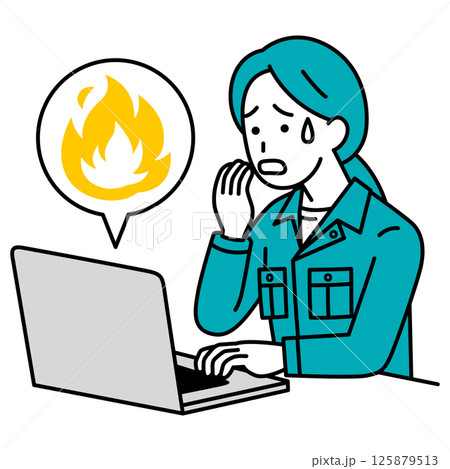 SNSが炎上して困惑している作業員の女性(ノートパソコン) SNSが炎上して困惑している作業員の女性(ノートパソコン) 125879513