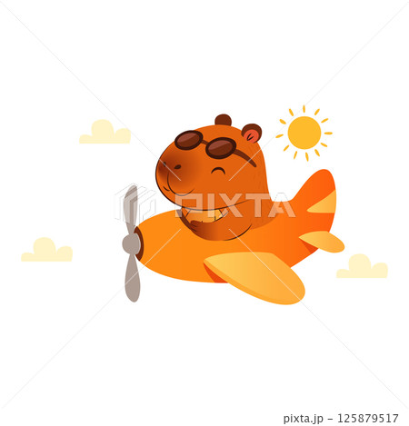 Cute cartoon capybara flying an orange airplane in the sky under the sun. Perfect for childrens designs, travel-themed illustrations, aviation merchandise, and playful character projects. 125879517