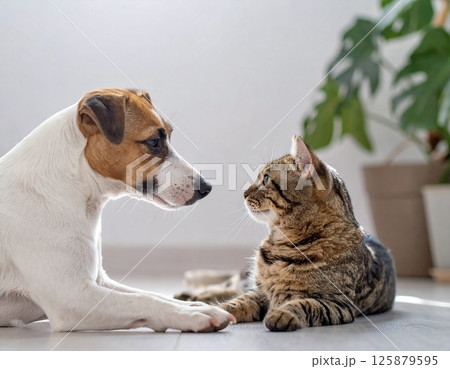仲良く見つめ合う犬と猫の癒しのワンシーン（室内・自然光） 125879595