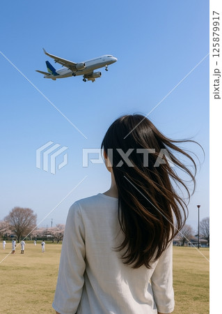 飛行機を見る女性の後ろ姿 125879917