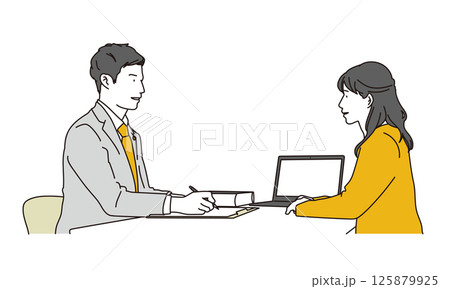 相談を受ける弁護士と相談をする女性のイラスト 125879925