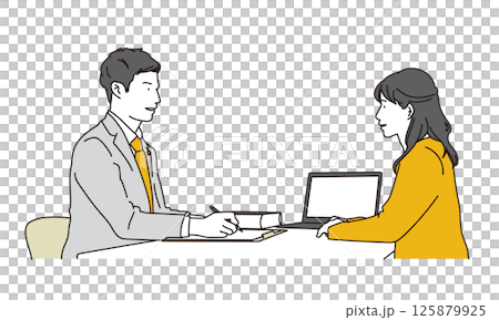 相談を受ける弁護士と相談をする女性のイラスト 125879925