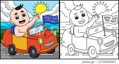 Baby Shower Baby on Car Coloring Illustration  125880061