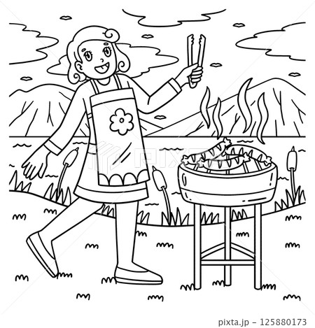 BBQ and Mom Grilling Sausages Coloring Page BBQ and Mom Grilling Sausages Coloring Page 125880173