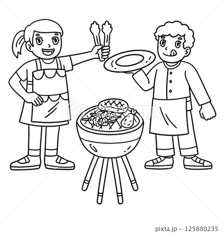 BBQ and Grilling with Children Isolated Coloring  125880235