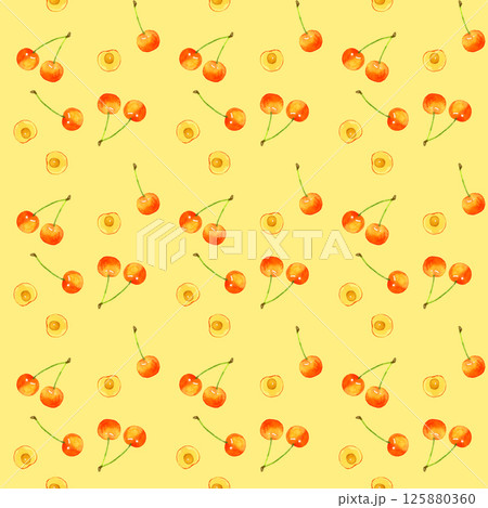 かわいいサクランボのパターン 手描き水彩イラストの果物柄 かわいいサクランボのパターン 手描き水彩イラストの果物柄 125880360