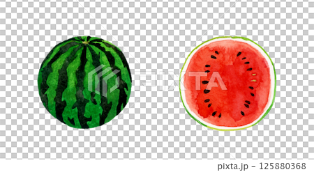 Watermelon cut in half, hand-drawn watercolor illustration of summer fruit Watermelon cut in half, hand-drawn watercolor illustration of summer fruit 125880368