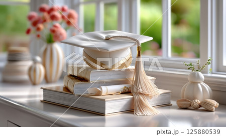 Graduation cap and books on a desk near a window 125880539