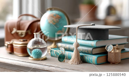 Graduation cap and globe on a stack of books 125880540