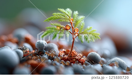 AI-Eco Future Style concept. Seedling sprouting amidst reclaimed technology waste AI-Eco Future Style concept. Seedling sprouting amidst reclaimed technology waste 125880720