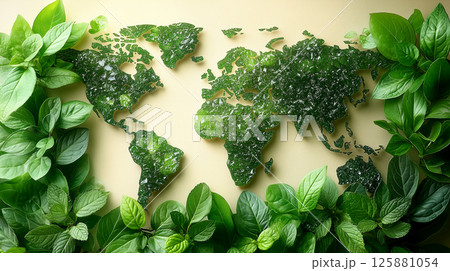 世界地図と緑の葉　generative ai 125881054