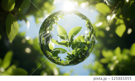 透明な水晶の中の緑の葉　generative ai 125881055