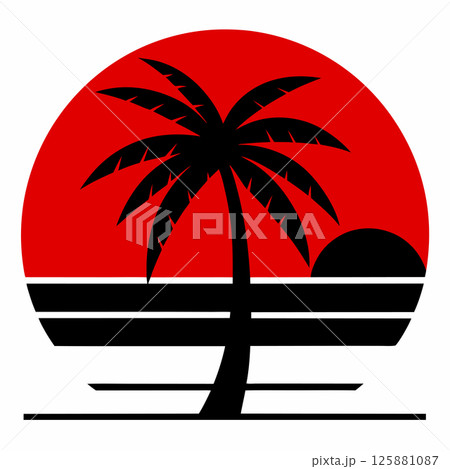 Retro Sunset Palm Tree Silhouette Vector Illustration Tropical Beach Vibes for T shirt Design 125881087