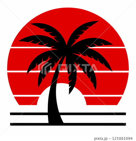 Retro Sunset Palm Tree Silhouette Vector Illustration Tropical Beach Vibes for T shirt Design 125881094