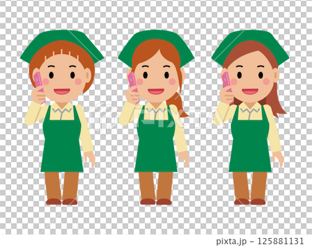 A young woman in a green apron making a phone call. Part 2 125881131