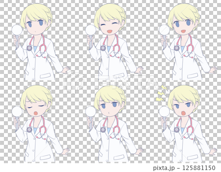 Blonde female doctor holding a blank placard, set of 6 facial expressions 125881150