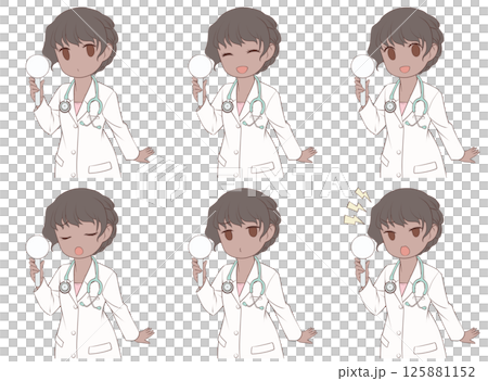 A dark-skinned female doctor holding a plain placard, set of six facial expressions 125881152