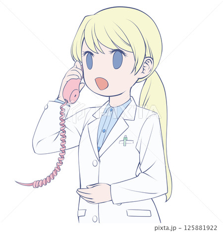 受話器を持って話す金髪の女性薬剤師・笑顔 受話器を持って話す金髪の女性薬剤師・笑顔 125881922