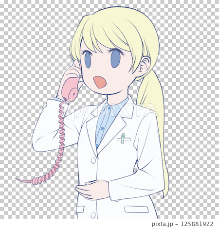 Blonde female pharmacist talking on the phone, smiling Blonde female pharmacist talking on the phone, smiling 125881922